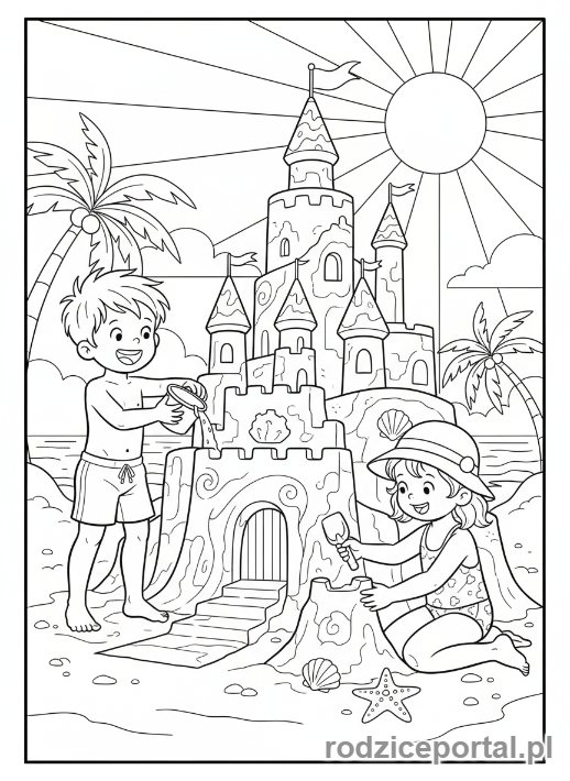 Kolorowanka Wakacyjne - Dzieci budujące zamek z piasku na plaży