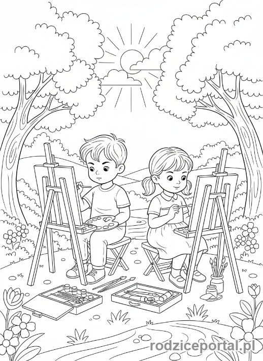Kolorowanka Wakacyjne - Dzieci malujące obrazek