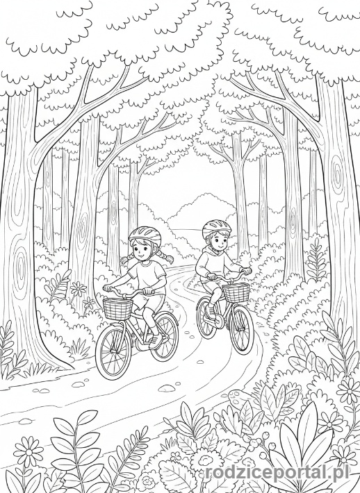 Kolorowanka Wakacyjne - Dzieci na rowerach w lesie