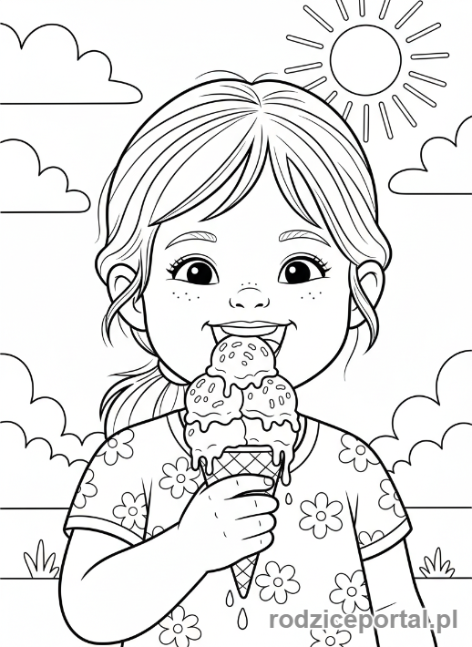 Kolorowanka Wakacyjne - Dziewczynka jedząca lody