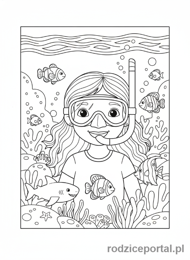 Kolorowanka Wakacyjne - Dziewczynka nurkująca