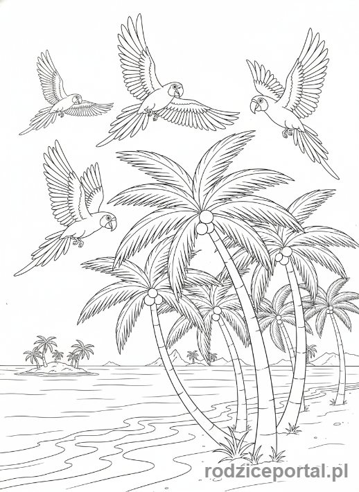 Kolorowanka Wakacyjne - Ptaki nad palmami