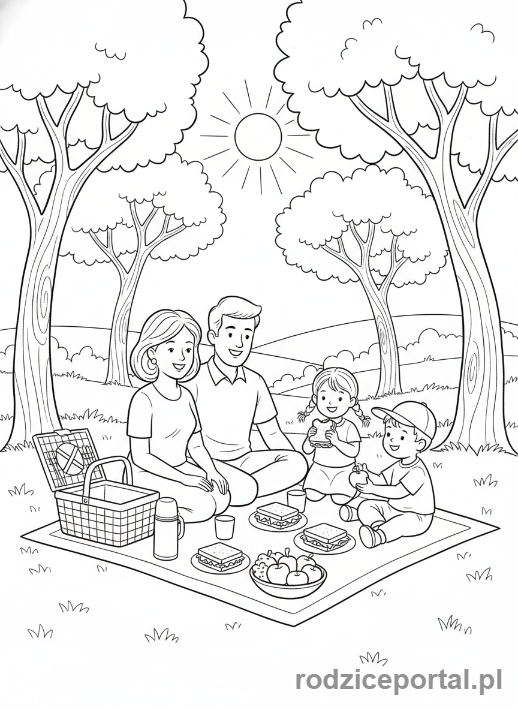 Kolorowanka Wakacyjne - Rodzina na pikniku w parku