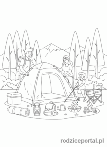 Kolorowanka Wakacyjne - Rodzina rozstawiająca namiot