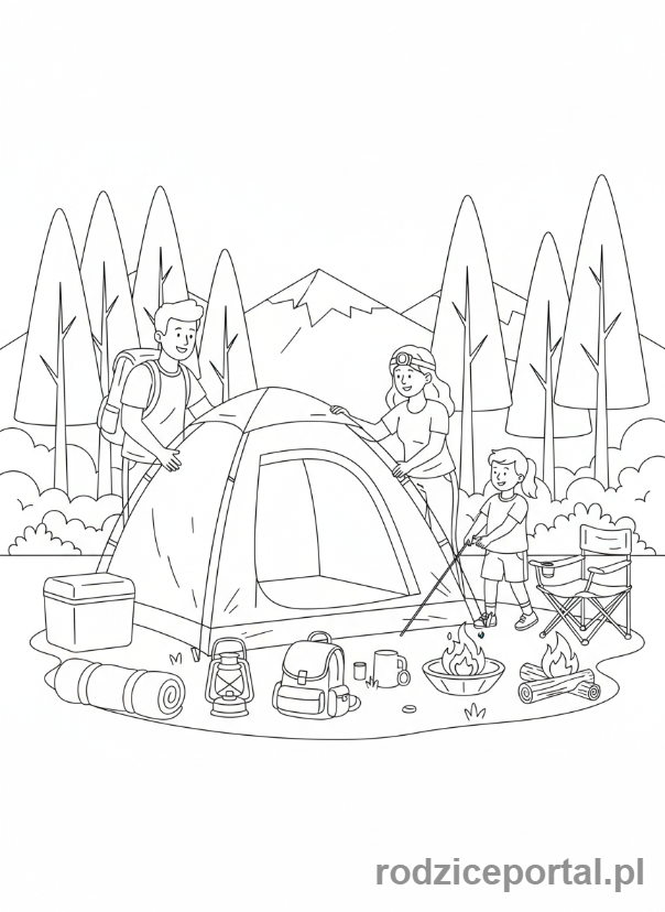 Kolorowanka Wakacyjne - Rodzina rozstawiająca namiot