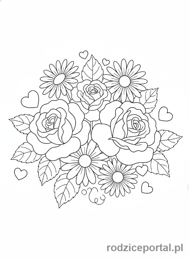 Kolorowanka Walentynki - Bukiet kwiatów z elementami serca