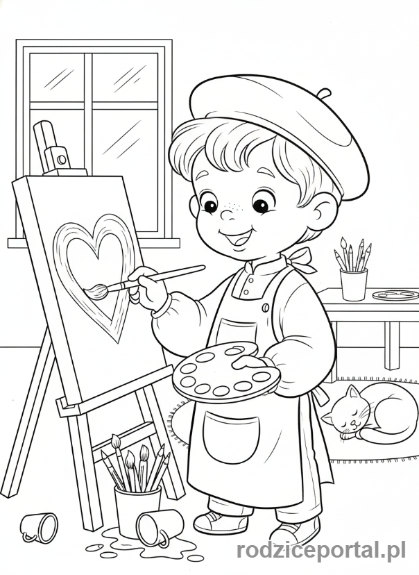 Kolorowanka Walentynki - Chłopiec malujący obrazek z sercem