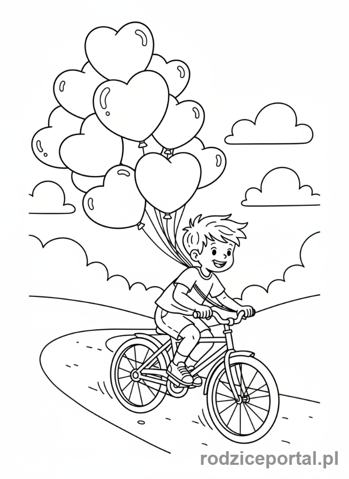 Kolorowanka Walentynki - Chłopiec na rowerze z balonami