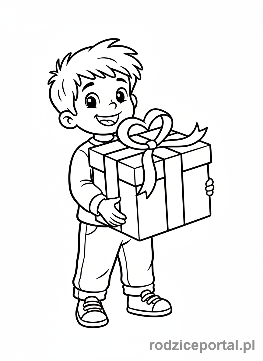 Kolorowanka Walentynki - Chłopiec niosący duży prezent