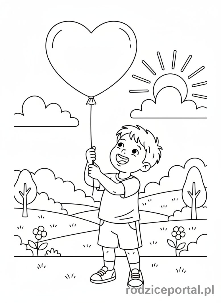 Kolorowanka Walentynki - Chłopiec z balonem w kształcie serca