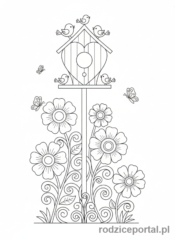 Kolorowanka Walentynki - Domek dla ptaków w kształcie serca