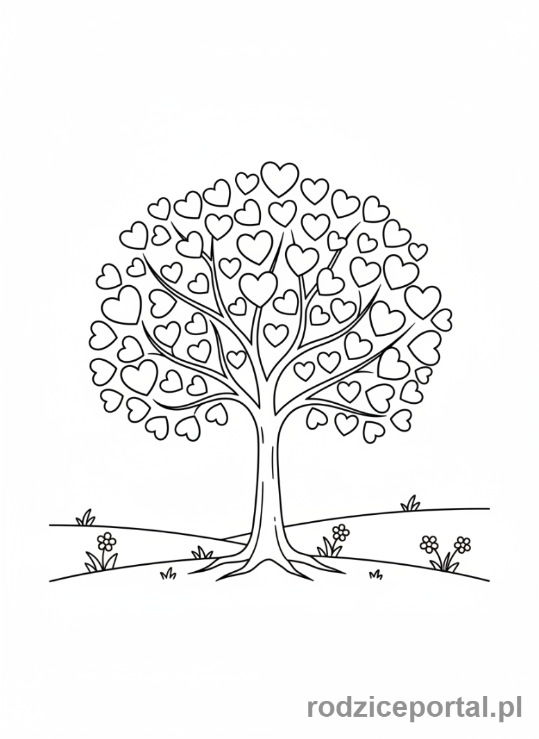 Kolorowanka Walentynki - Drzewo z liśćmi w kształcie serca