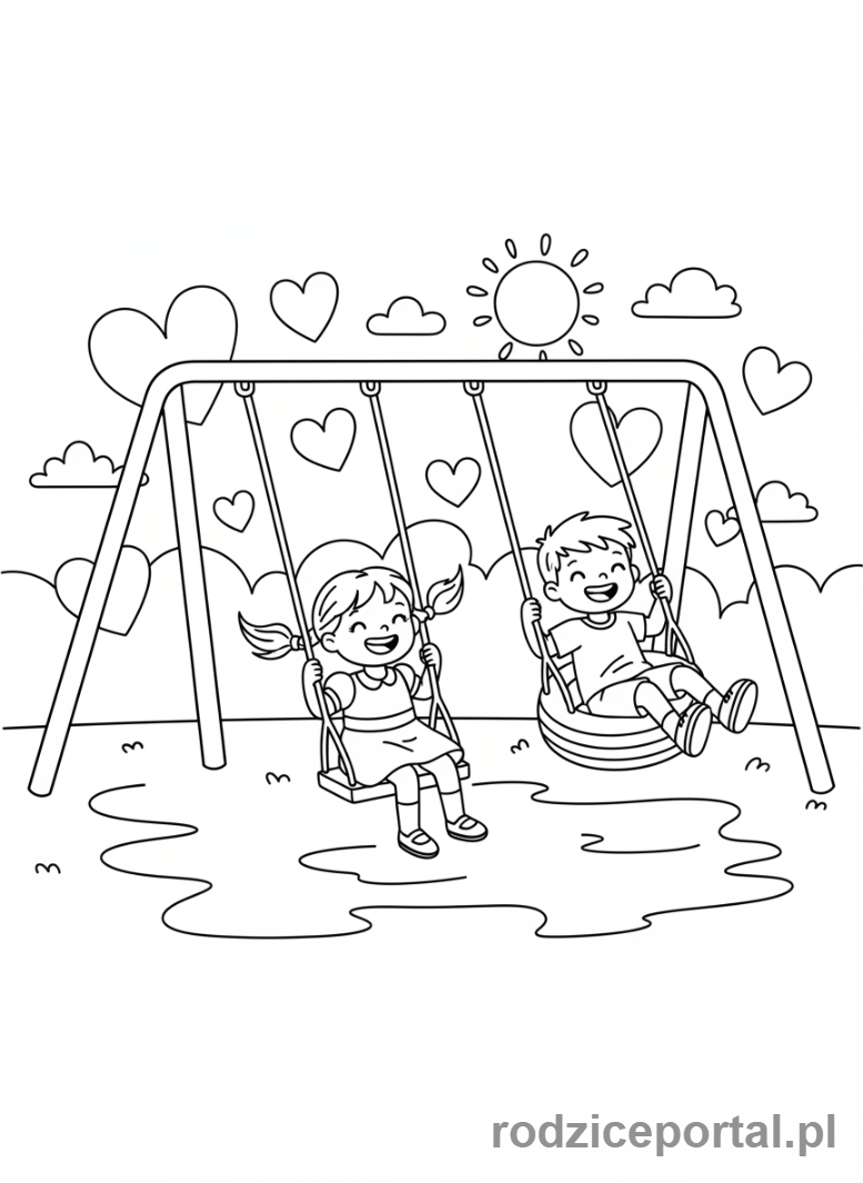 Kolorowanka Walentynki - Dzieci na huśtawce