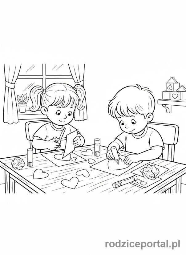 Kolorowanka Walentynki - Dzieci tworzące walentynkowe rękodzieło