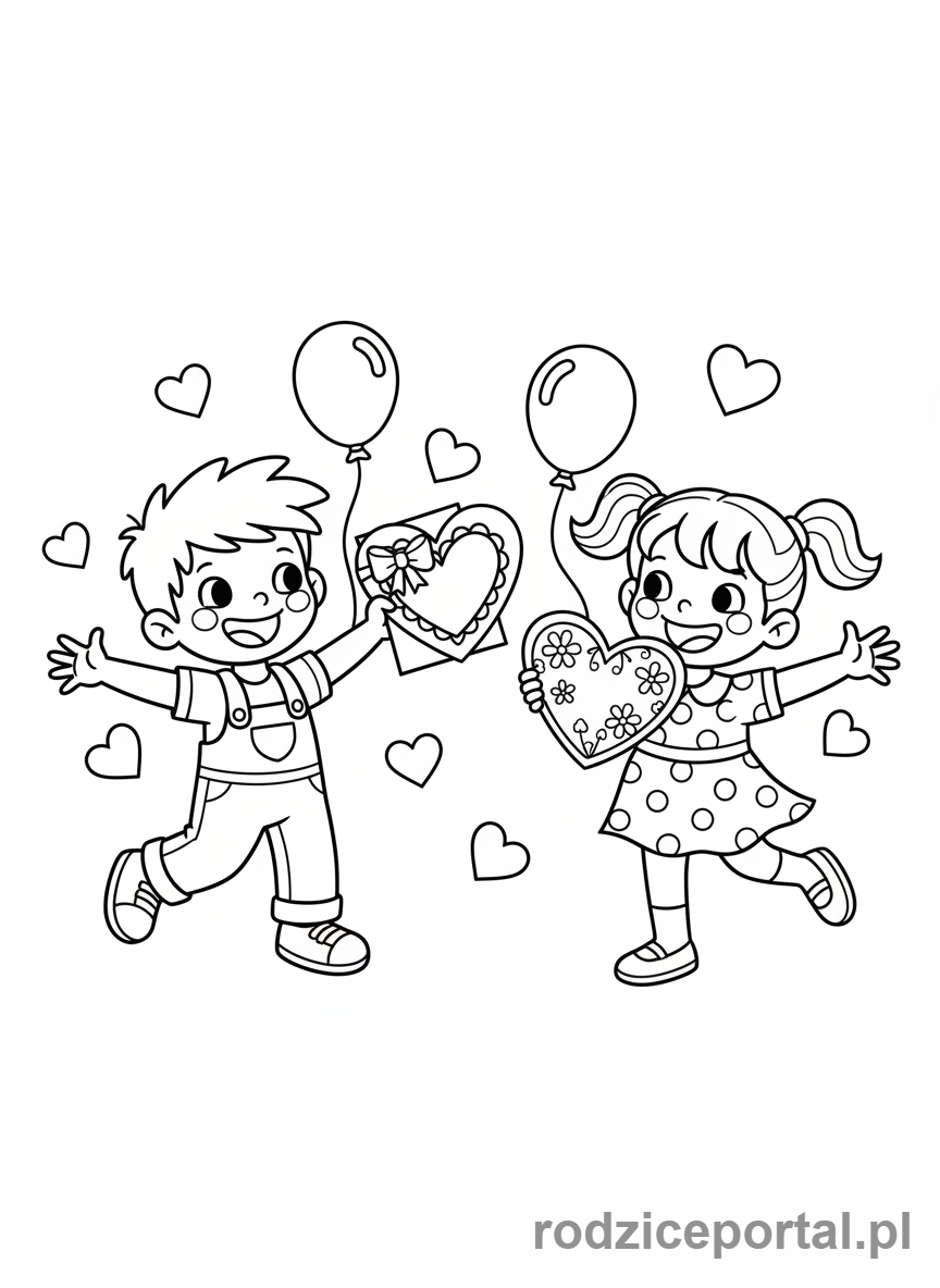 Kolorowanka Walentynki - Dzieci wymieniające się walentynkami