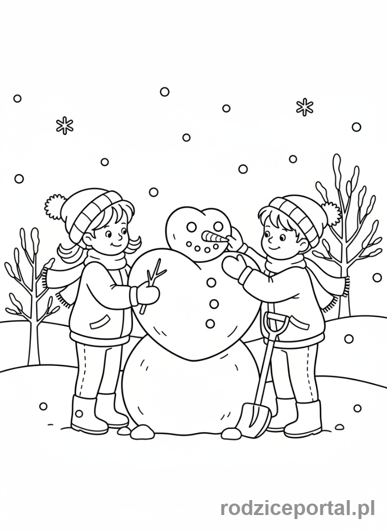 Kolorowanka Walentynki - Dziewczynka i chłopiec budujący bałwana w kształcie serca