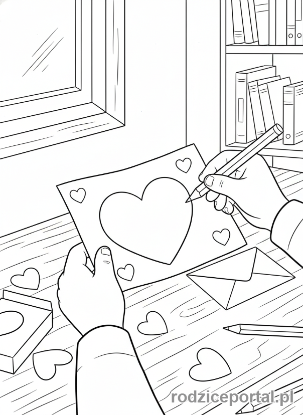 Kolorowanka Walentynki - Dziewczynka pisząca kartkę walentynkową