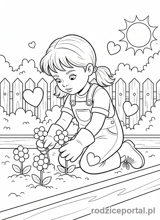 Kolorowanka Walentynki - Dziewczynka sadząca kwiaty