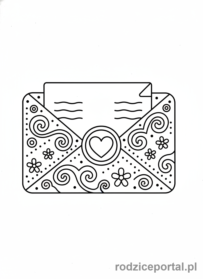 Kolorowanka Walentynki - Koperta z listem miłosnym i pieczęcią serca