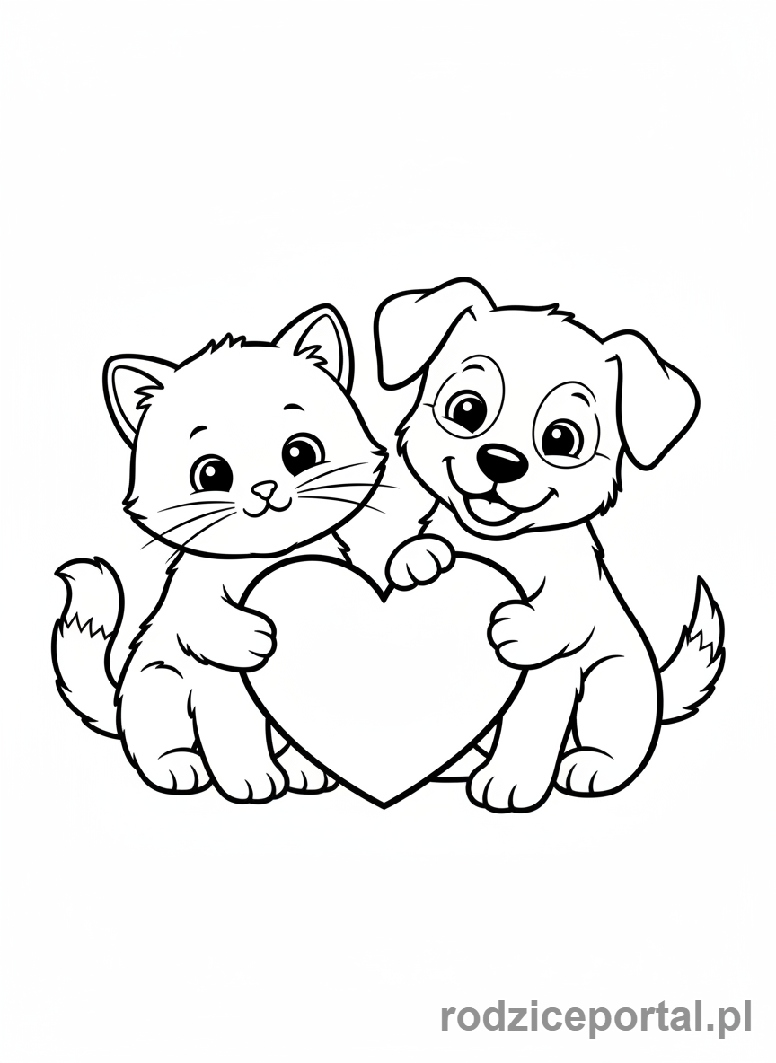 Kolorowanka Walentynki - Kotek i szczeniaczek dzielący się sercem
