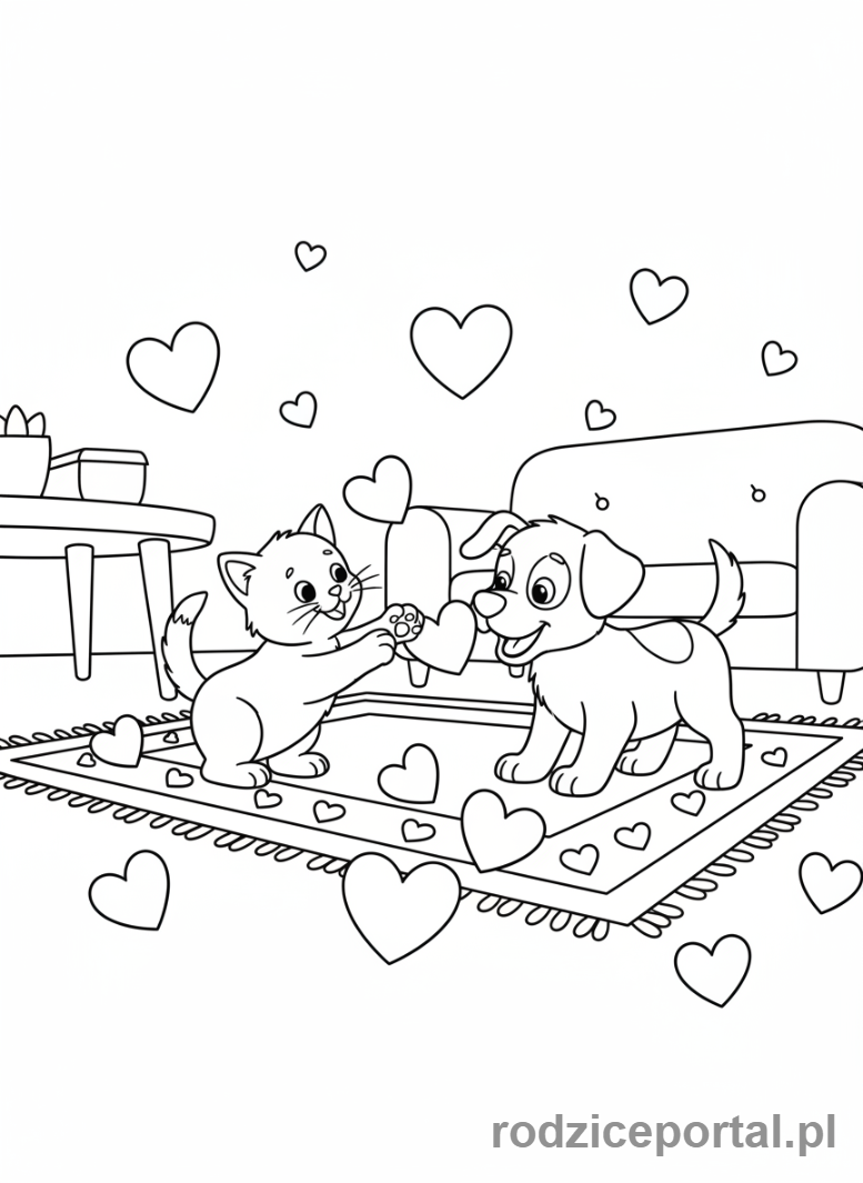 Kolorowanka Walentynki - Kotek i szczeniaczek z sercami