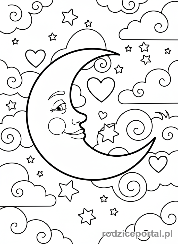 Kolorowanka Walentynki - Księżyc i gwiazdy w kształcie serca