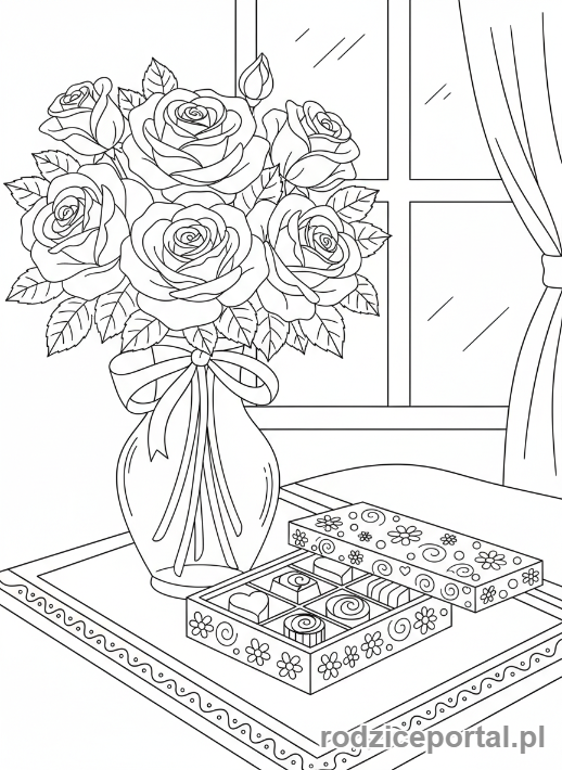 Kolorowanka Walentynki - Kwiaty i czekoladki