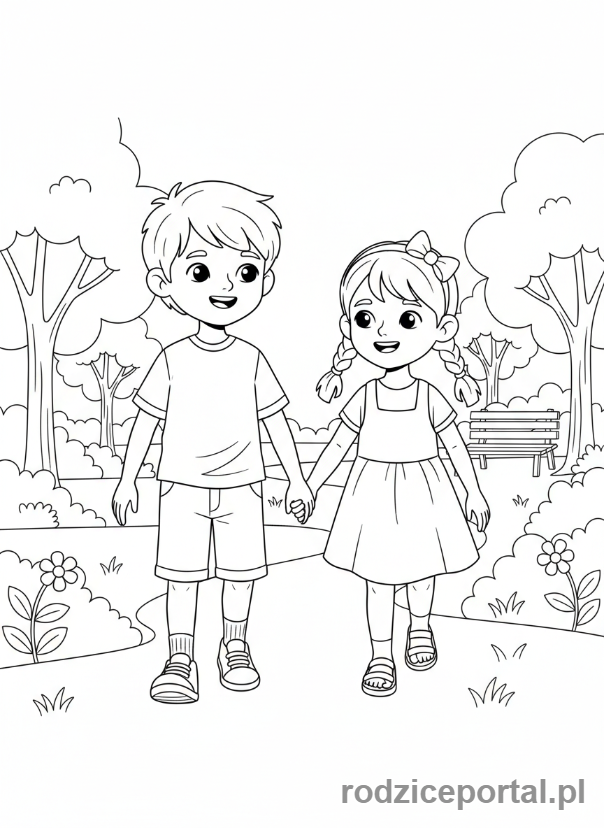 Kolorowanka Walentynki - Para dzieci trzymająca się za ręce