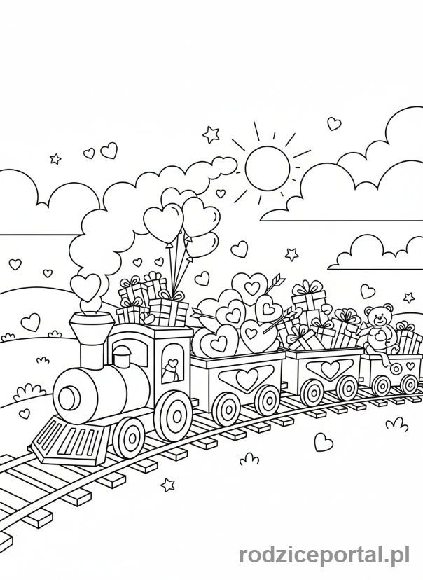 Kolorowanka Walentynki - Pociąg wiozący walentynkowe prezenty
