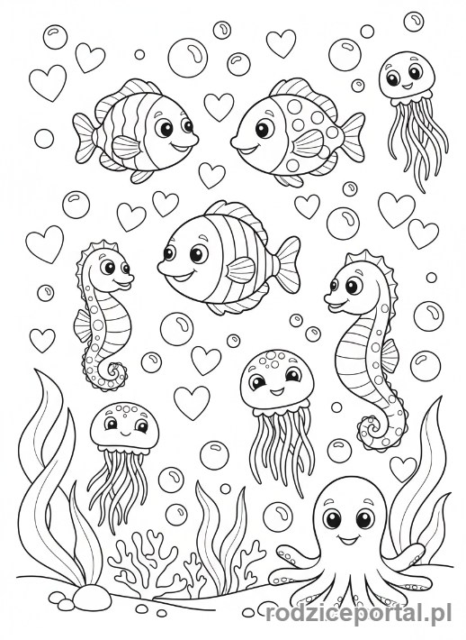Kolorowanka Walentynki - Podwodny świat z rybkami i sercami