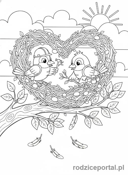Kolorowanka Walentynki - Ptaszki budujące gniazdo w kształcie serca