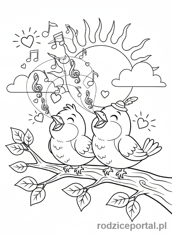 Kolorowanka Walentynki - Ptaszki śpiewające na gałęzi