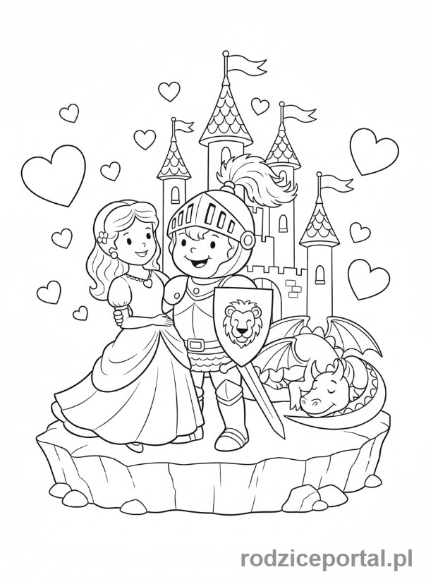 Kolorowanka Walentynki - Rycerz ratujący księżniczkę, scena z sercami