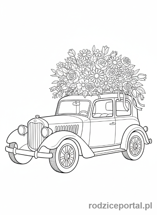 Kolorowanka Walentynki - Samochód wiozący bukiet kwiatów