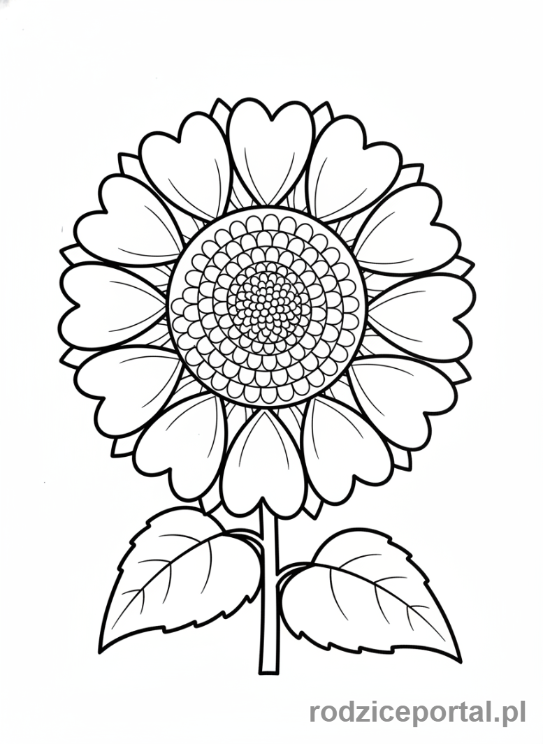 Kolorowanka Walentynki - Słonecznik z płatkami w kształcie serca