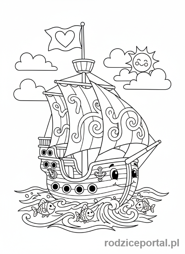 Kolorowanka Walentynki - Statek piracki z flagą w kształcie serca