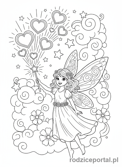 Kolorowanka Walentynki - Wróżka z różdżką i sercem