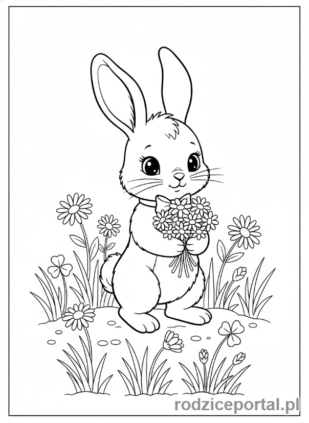 Kolorowanka Walentynki - Zajączek z bukietem kwiatów