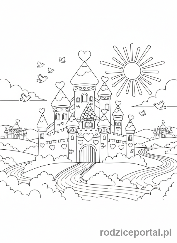 Kolorowanka Walentynki - Zamek z sercowymi wieżyczkami