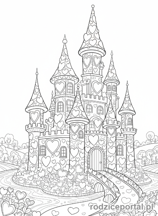 Kolorowanka Walentynki - Zamek zrobiony z serc