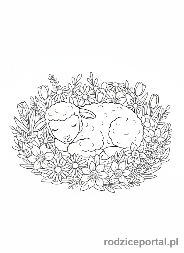 Kolorowanka Wielkanoc - Baranek śpiący w gniazdku z kwiatów