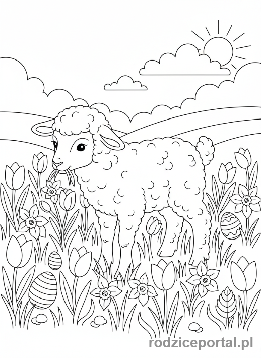 Kolorowanka Wielkanoc - Baranek wielkanocny pasący się wśród tulipanów