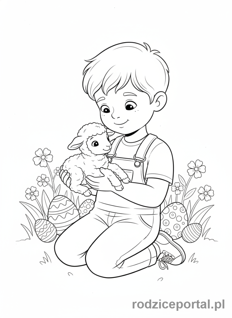 Kolorowanka Wielkanoc - Chłopiec trzymający małego baranka