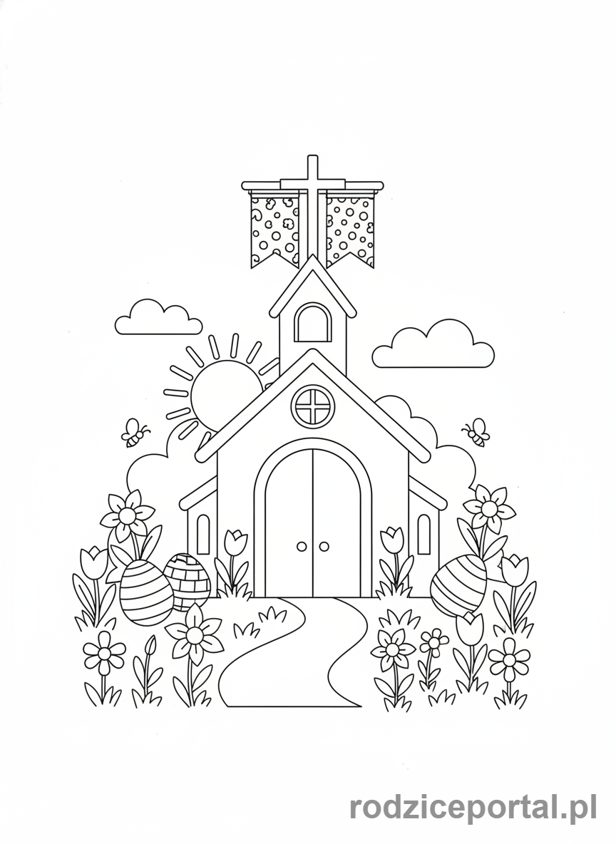 Kolorowanka Wielkanoc - Kościół udekorowany na Wielkanoc