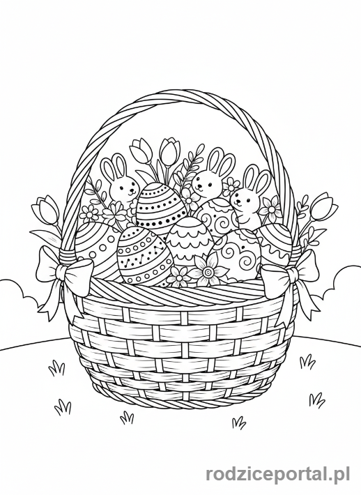 Kolorowanka Wielkanoc - Koszyk wielkanocny pełen jajek i smakołyków