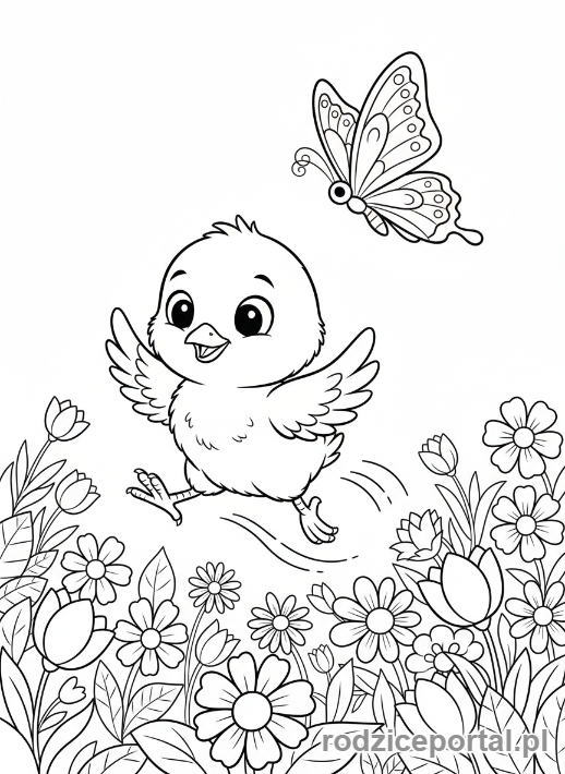 Kolorowanka Wielkanoc - Kurczak goniący motyla