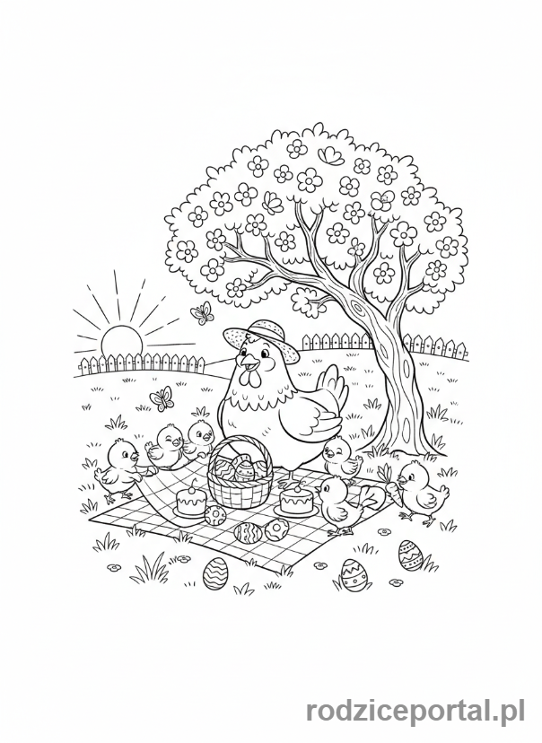 Kolorowanka Wielkanoc - Rodzina kurczaków na świątecznym pikniku