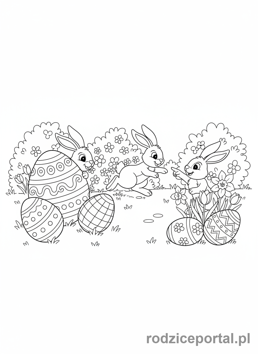 Kolorowanka Wielkanoc - Trzy zajączki bawiące się w chowanego z jajkami