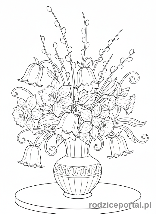 Kolorowanka Wielkanoc - Wielkanocna kompozycja kwiatowa z dzwonkami