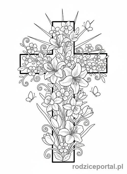 Kolorowanka Wielkanoc - Wielkanocny krzyż ozdobiony wiosennymi kwiatami